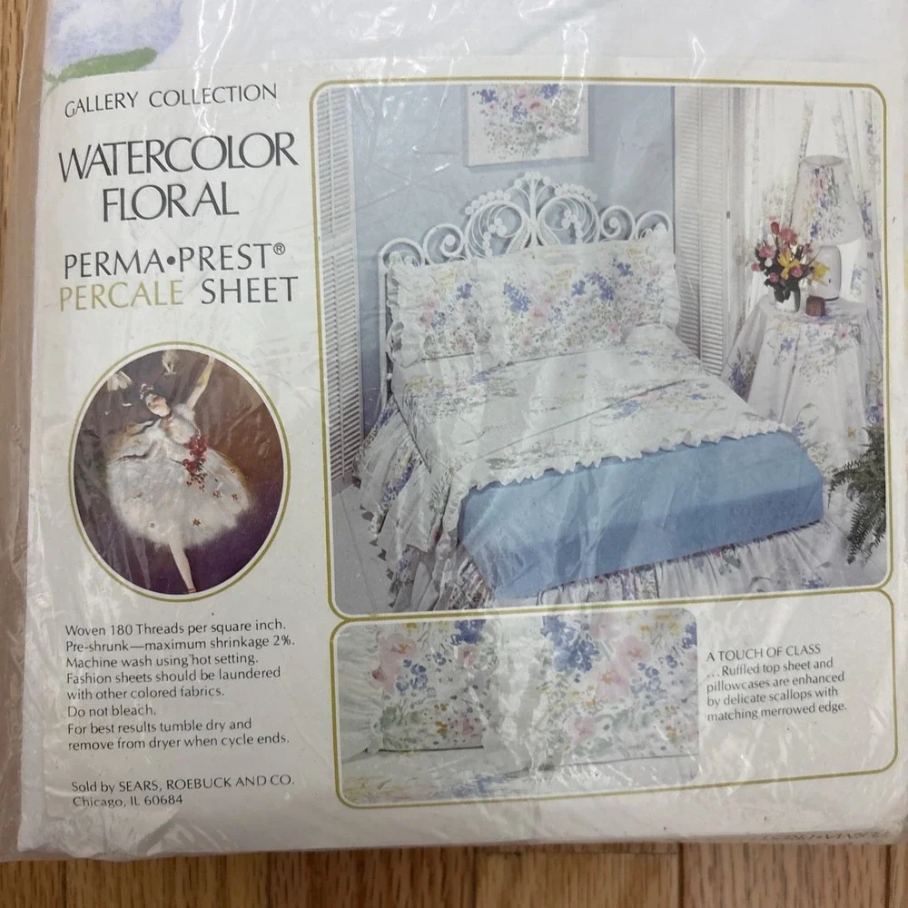 Vintage Sears Gallery Collection Watercolor Floral Flat Percale Full Size New